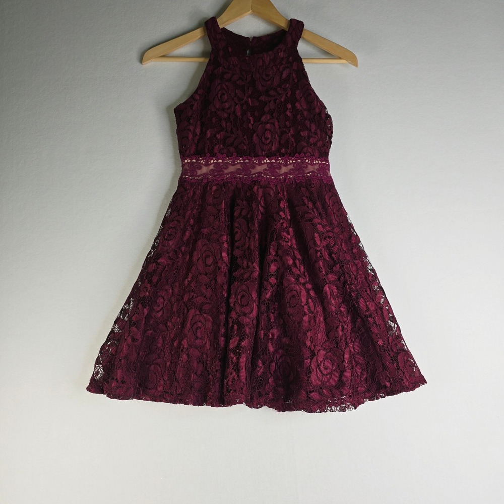 Beautees Girls Burgundy Floral Lace Halter Dress Size 10 V11907658K